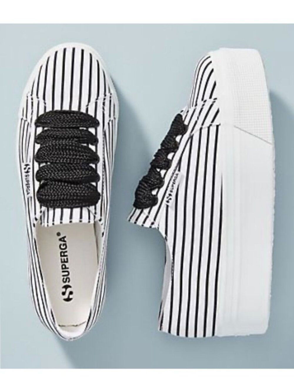 SUPERGA White + Black Striped Women's Cotton Platform Fashion Sneakers Size 7.5M